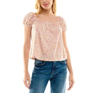 No Comment Juniors' Square-Neck Puffed-Sleeve Blouse Gardenia Medium